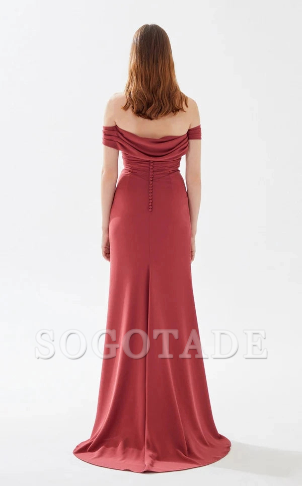 Off shoulder straight neckline tight skirt with high slit and floor length evening dress