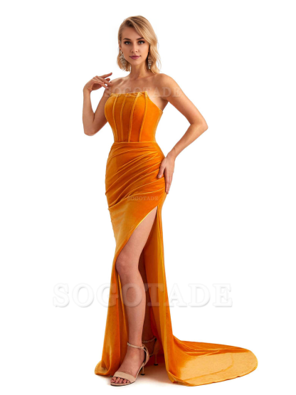  Sexy Side Hight Slit Sleeveless Mermaid Strapless Velvet Long Bridesmaid Dresses Online