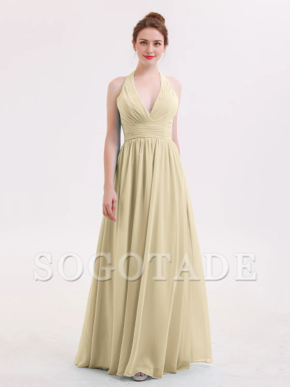 Hanging neck V-neck chiffon bridesmaid dress