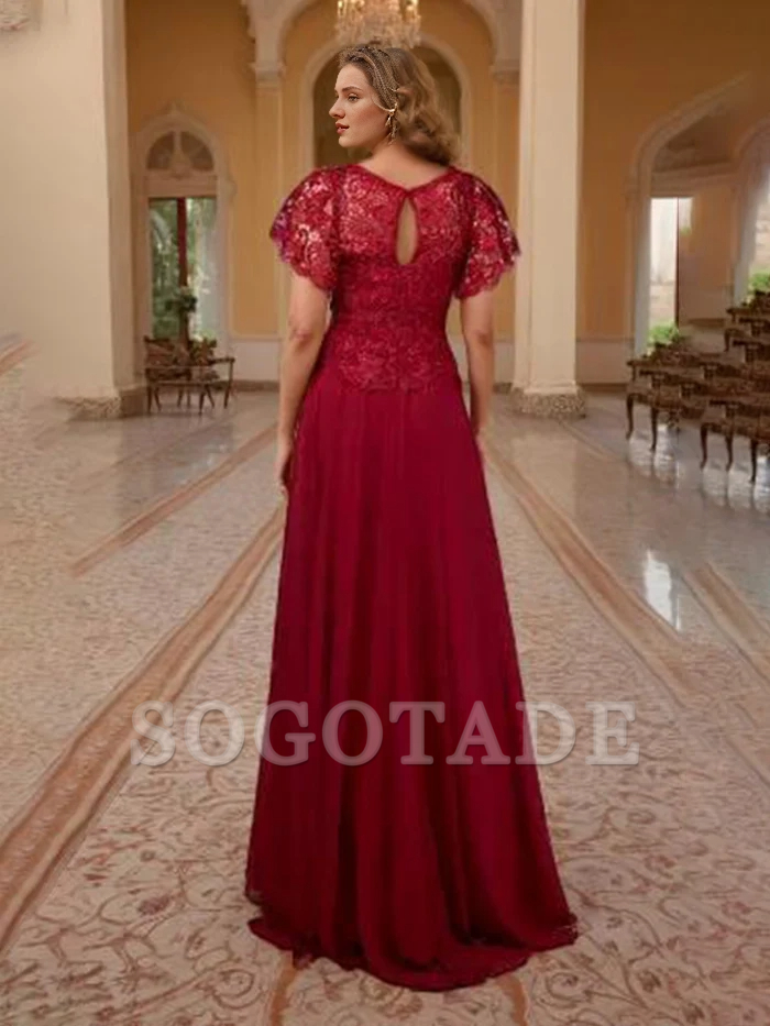 Wine red lace tight corset with flared sleeves and chiffon mother of the bride dress