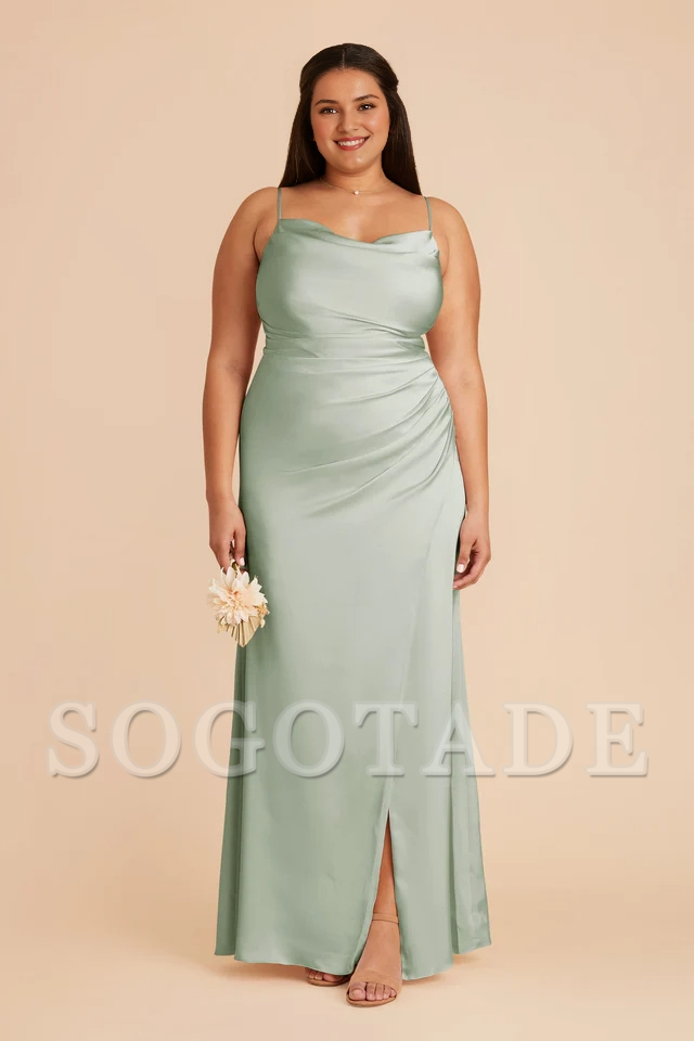 Thin shoulder strap pleated collar matte satin fish tail slit bridesmaid dress