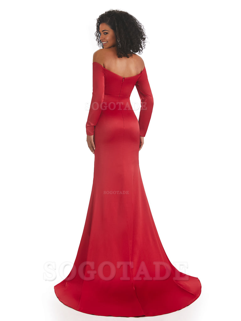 Mermaid Long Sleeve Satin formal dresses evening gown Bridesmaid Dresses With Side Slit 