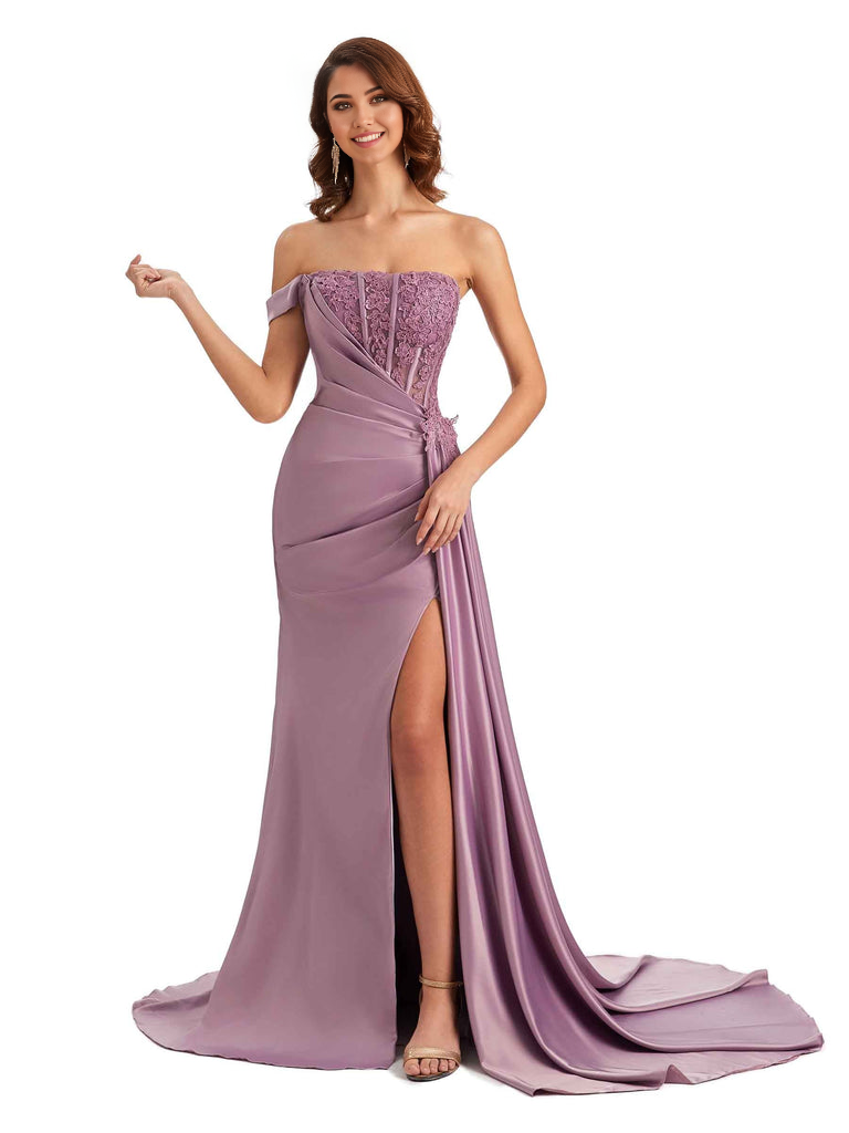 Mermaid Off Shoulder Applique formal dresses evening gown Bridesmaid Dresses With Side Slit 
