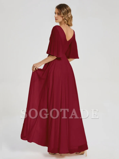 V-neck half sleeved chiffon mother of the bride dress