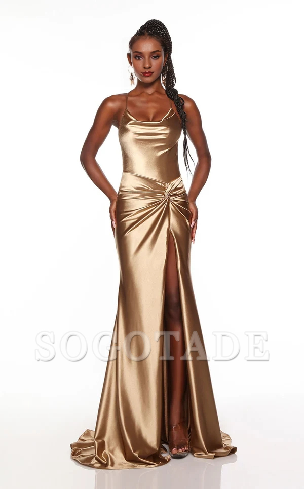 Thin shoulder strap tight corset with satin strap back side slit and floor length Prom dress