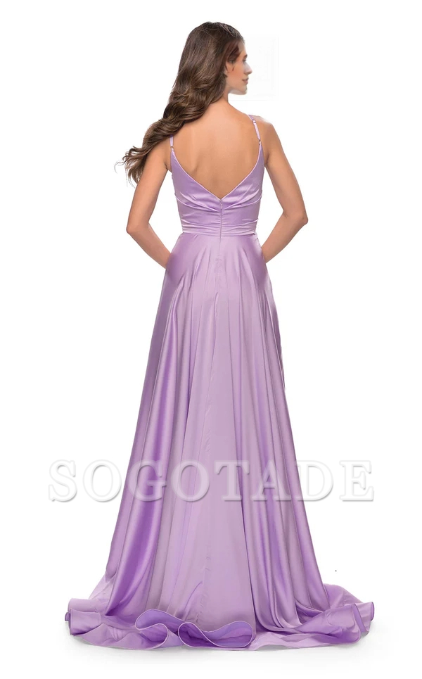 A-line V-neck thin shoulder strap with exposed back side slit and floor length evening dress