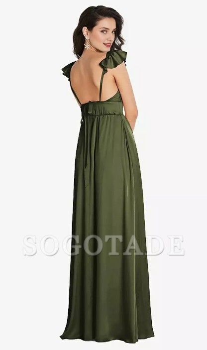 Deep V-neck dual-use shoulder strap with ruffled edge cover sleeve length Prom dress