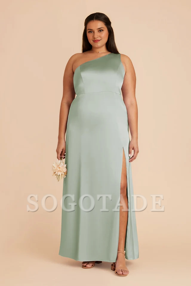 One shoulder collar fully lined trumpet shaped mermaid slit bridesmaid dress