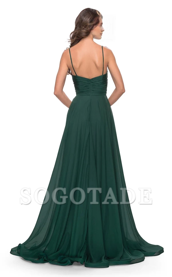 A-line deep V-neck slim shoulder strap tight corset and floor length evening dress-SOGOTADE