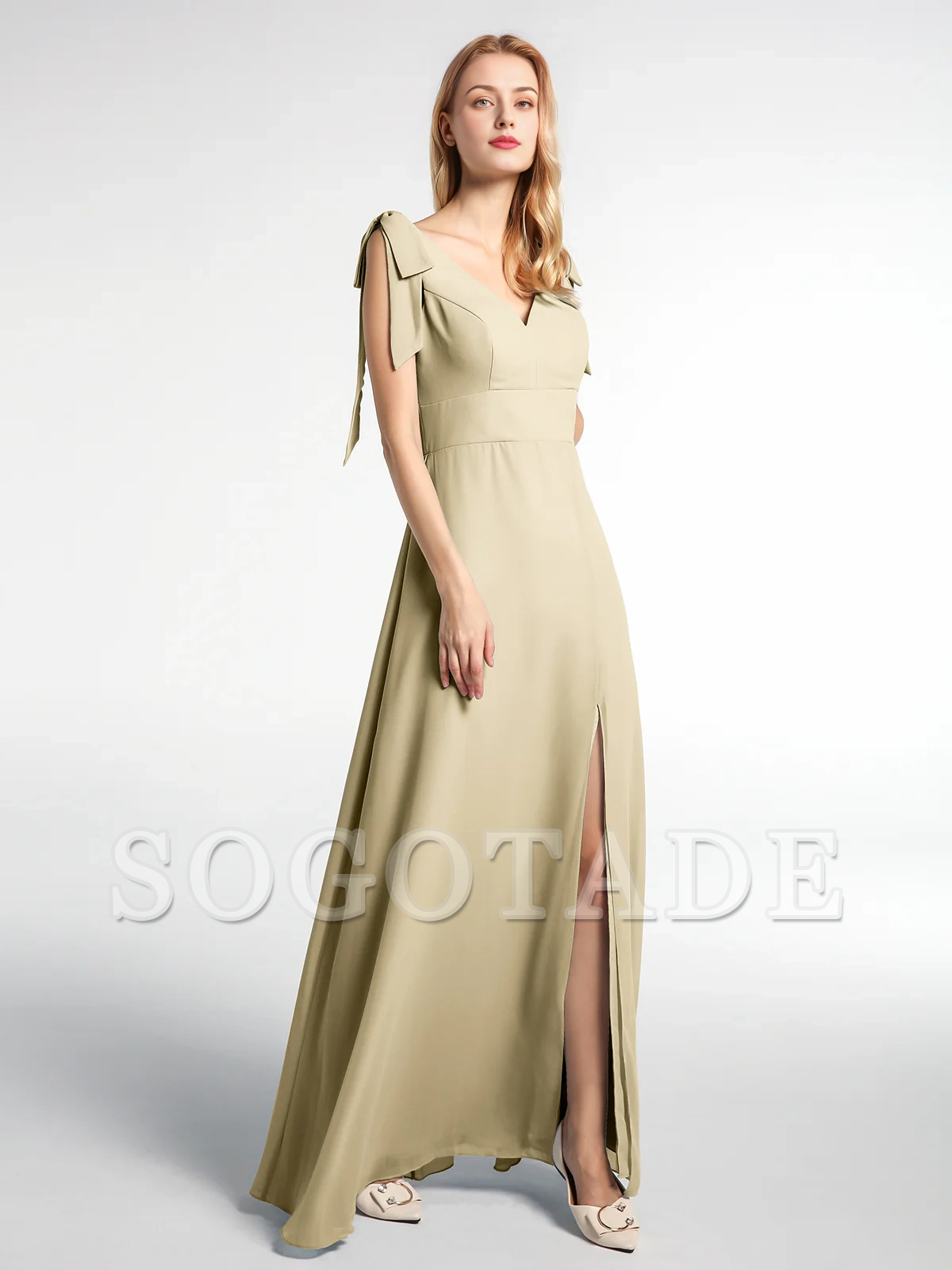 Bow flat ribbon chiffon front slit long skirt