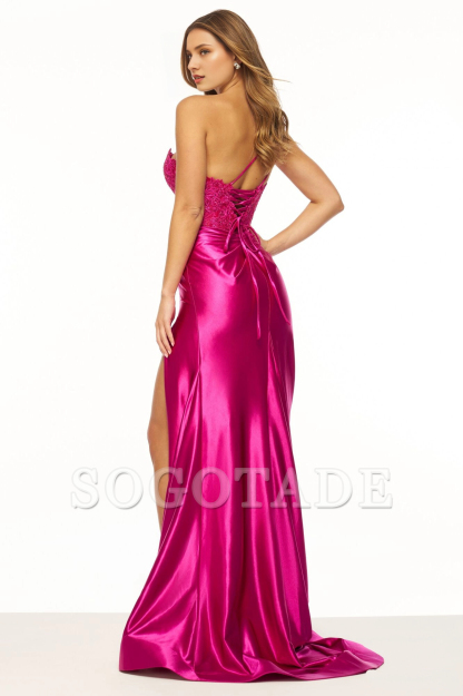 One shoulder lace tight corset with floral transparent deep V-neck satin slit and floor length Prom dress