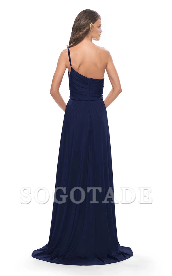 Single shoulder collar A-line tight corset with side slits and floor length Prom dress