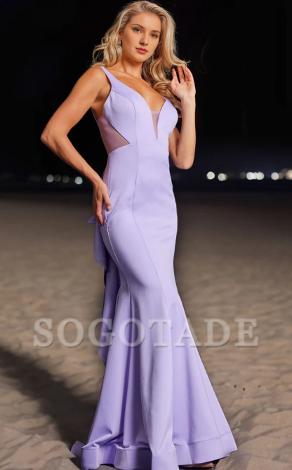 Deep V-mesh collar sleeveless ruffled mermaid and floor length Prom dress
