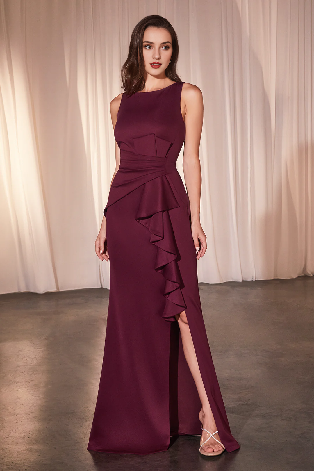 Fitted slit skirt sleeveless ruffle detailing long dress