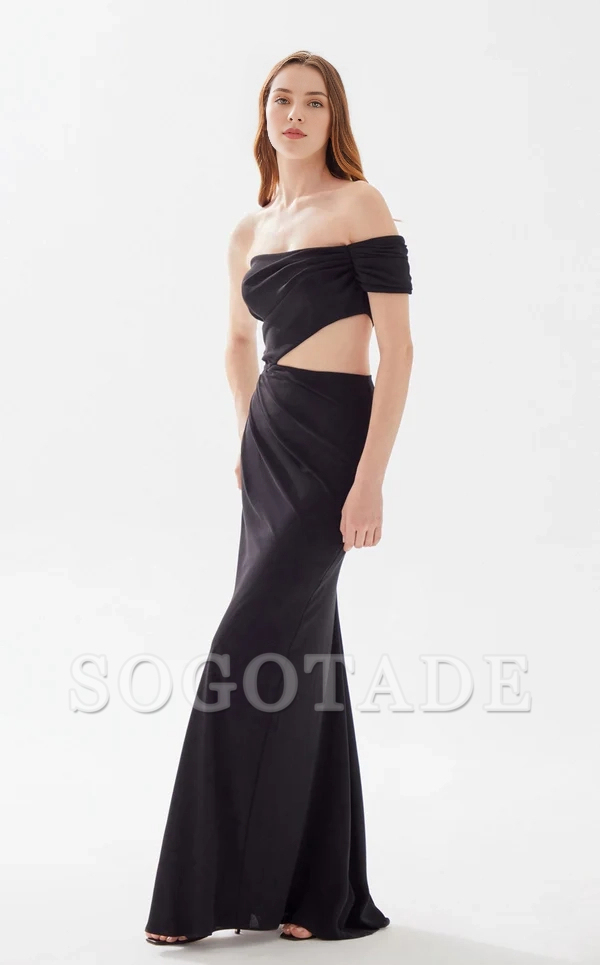 A-line heart-shaped collar shoulder baring tight fitting and floor length evening dress-SOGOTADE