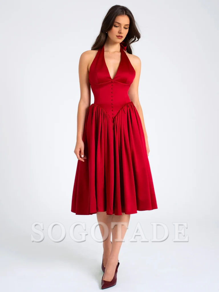 Red deep V-neck hanging backless long evening gowns