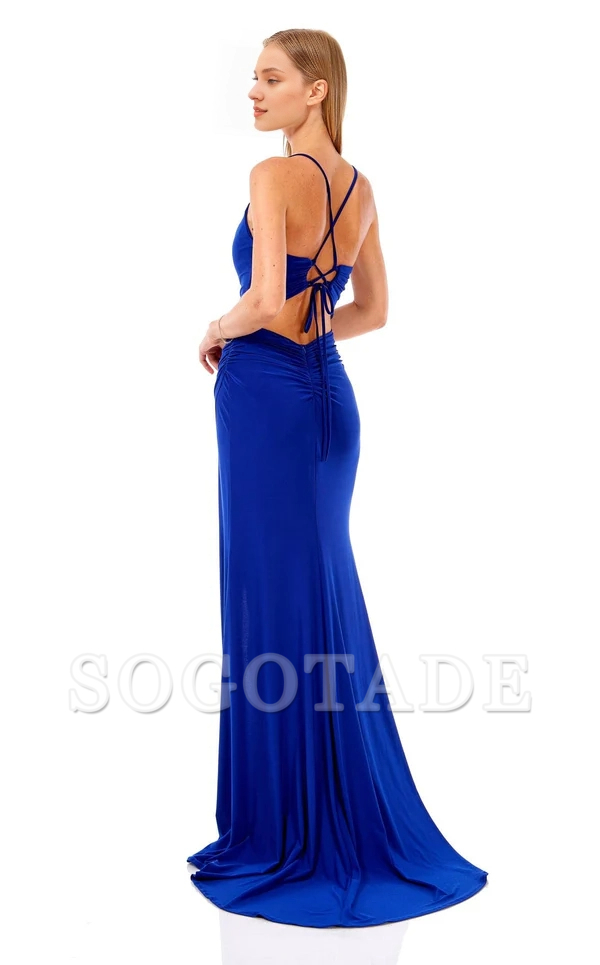 Thin shoulder strap V-neck side slit and floor length Prom dress