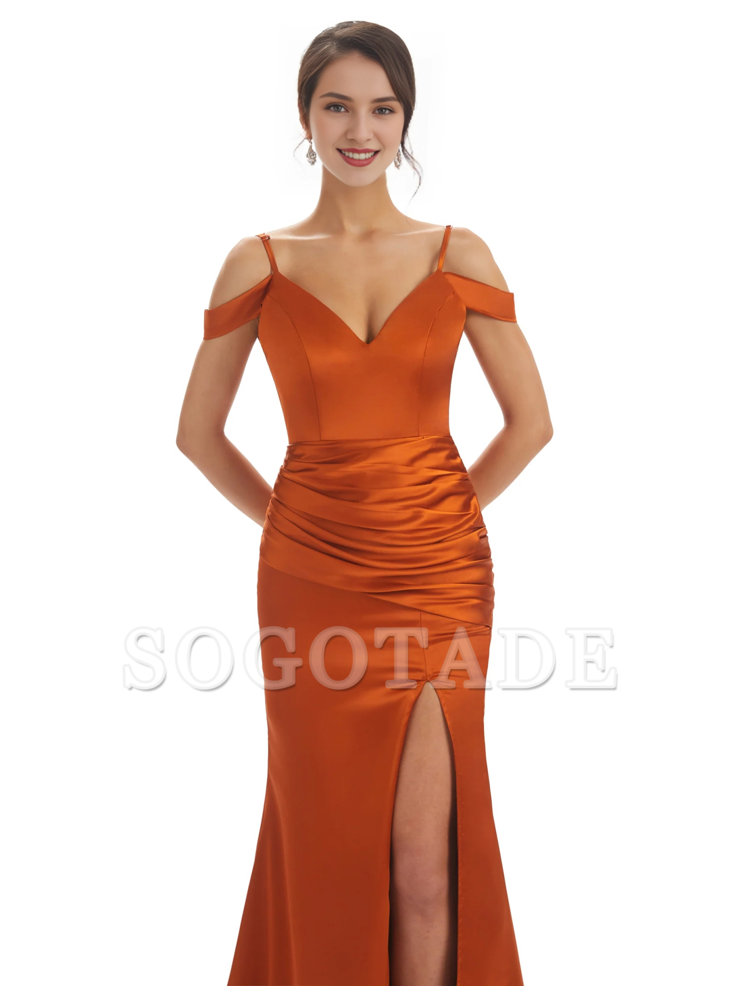 Sexy off shoulder soft satin side slit long fish tail bridesmaid dress