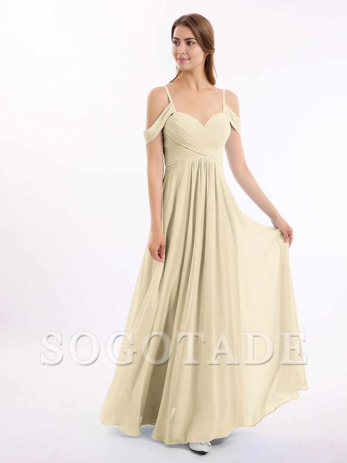 Off shoulder thin shoulder strap chiffon dress