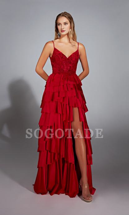 Satin chiffon evening gown V-neck A-line tight corset with slit long formal dress