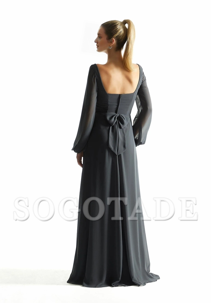 A-line square neckline chiffon long sleeved square back bridesmaid dress