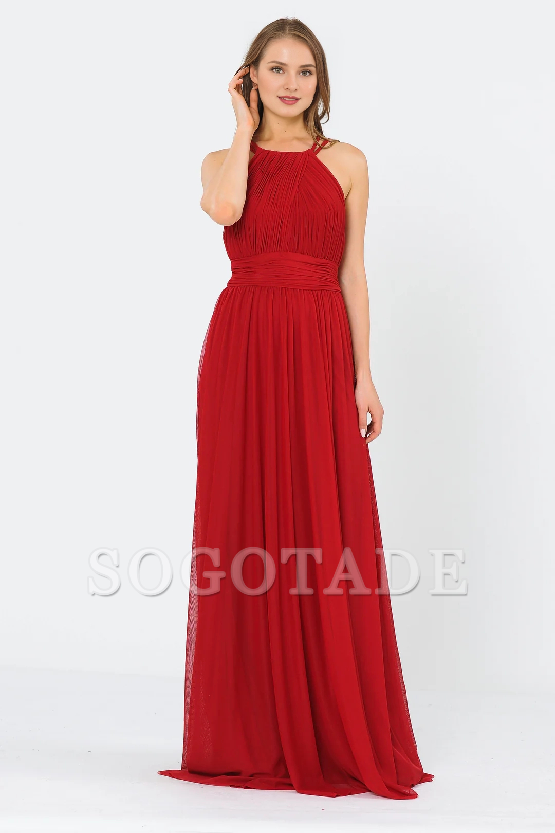A-line pleated neck hanging long dress