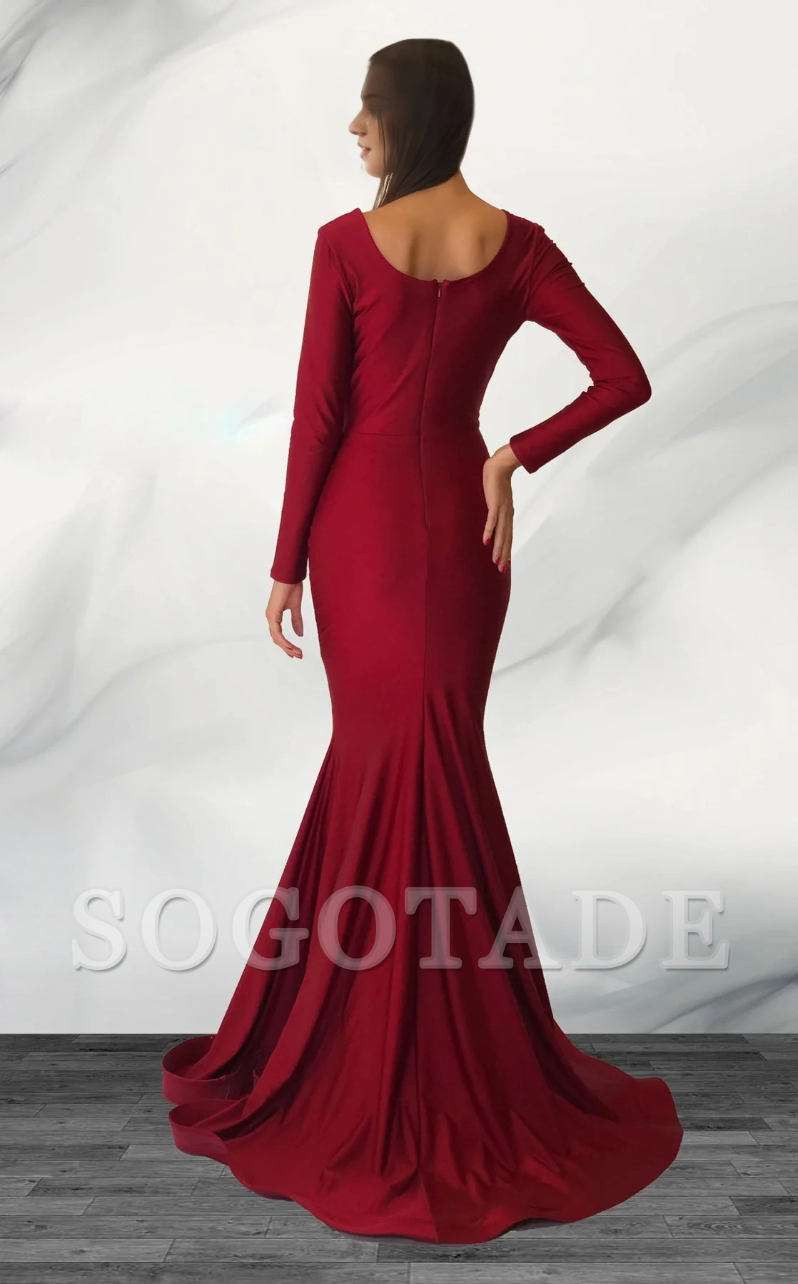Mermaid pleated collar long sleeved and floor length Prom dress