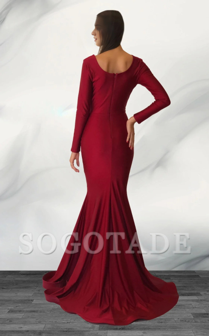 Mermaid pleated collar long sleeved and floor length Prom dress