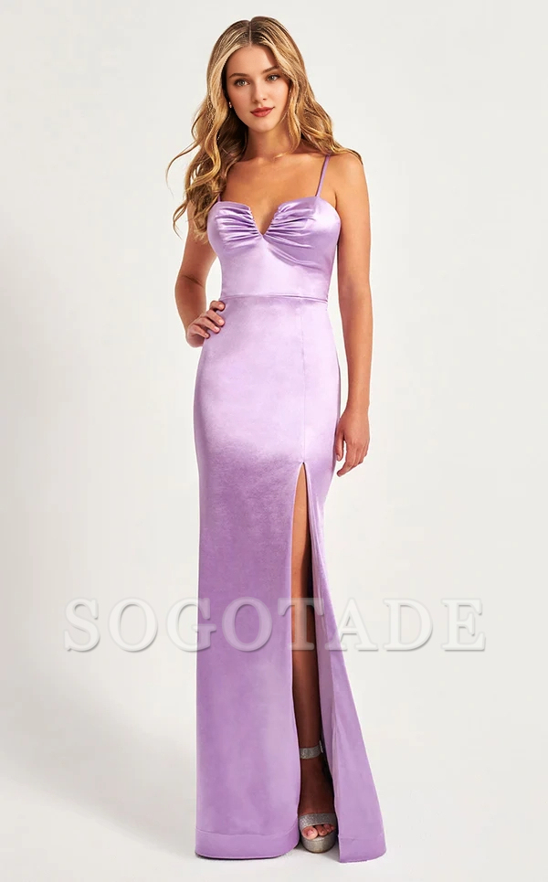 Mermaid V collar with pleated neckline, backless satin side slit and floor length Prom dress
