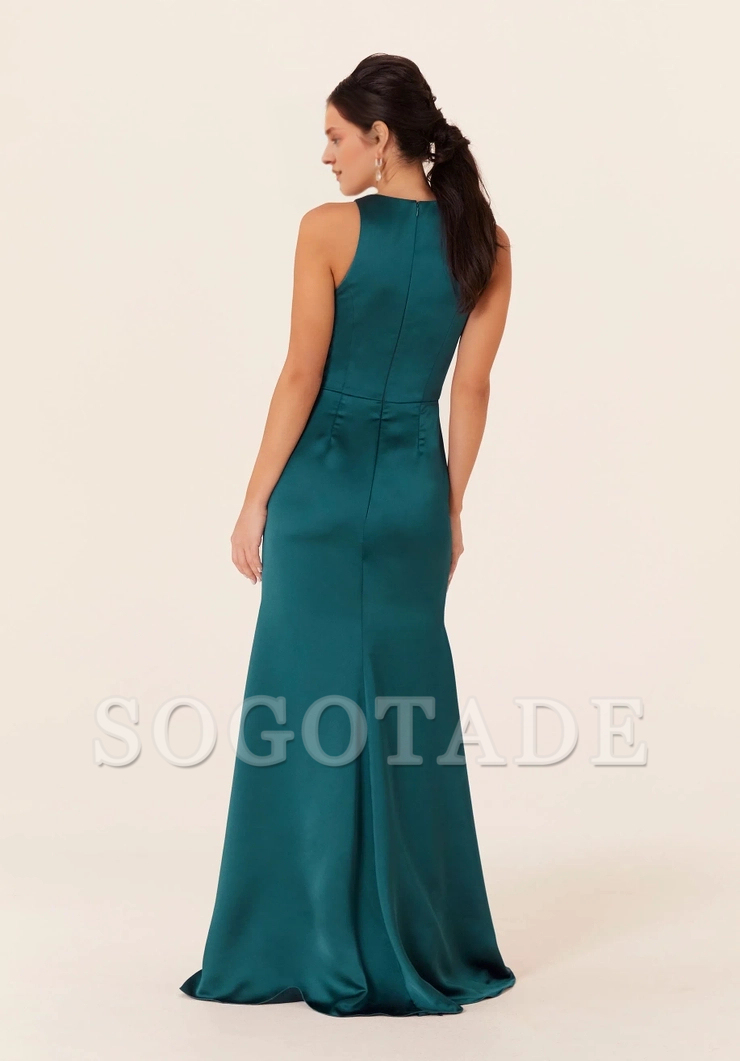 A-line V-neck satin sloping corset back zipper bridesmaid dress