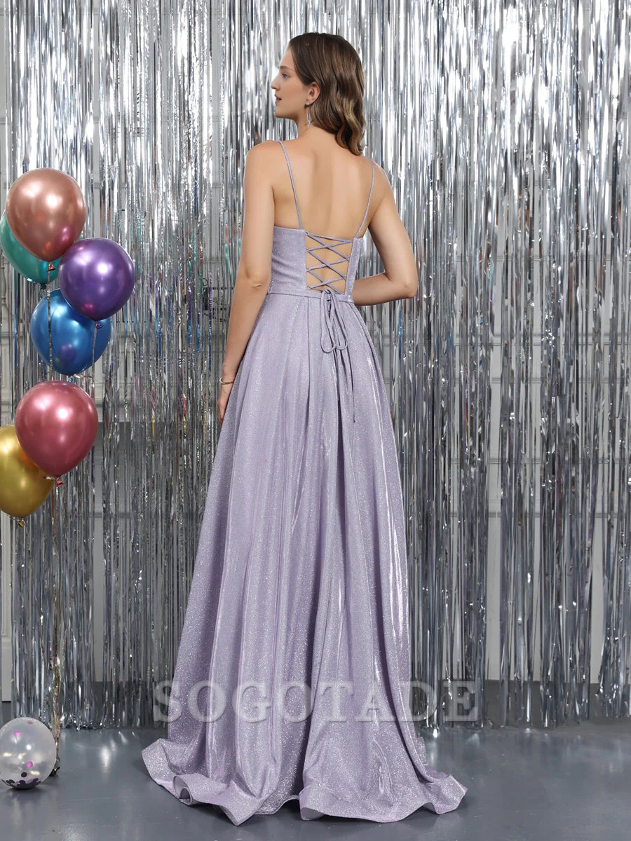 A-line slim shoulder strap V-neck sleeveless metal Lulux long ball gown