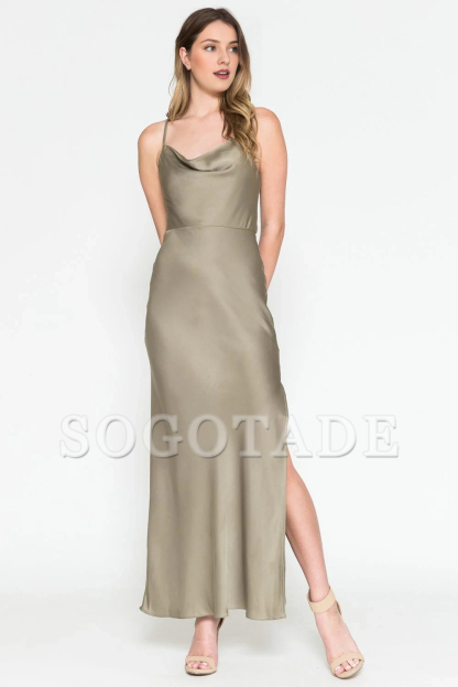 Fitted slit skirt long sleeveless high neck satin dress