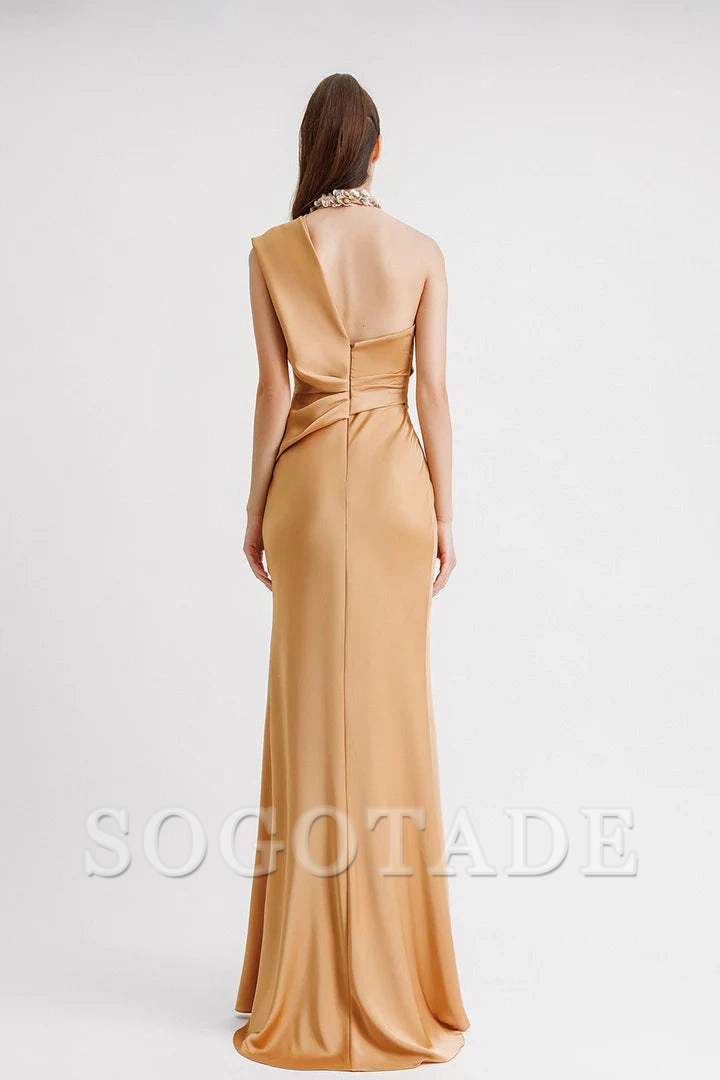 Tight/Column style Evening Dress Elegant Dress Formal and Floor length Sleeveless Single Shoulder Pocket Satin Decal Gowns Evening Dresses