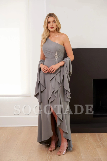 Soft crepe beaded single shoulder front layered skirt for evening dress