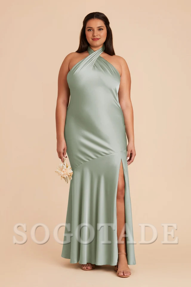 A-line diagonal seam front cross slit hanging neck bridesmaid dress-SOGOTADE