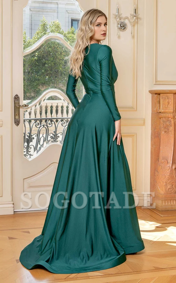 Deep V-neck long sleeved satin side slit backless and floor length Prom dress