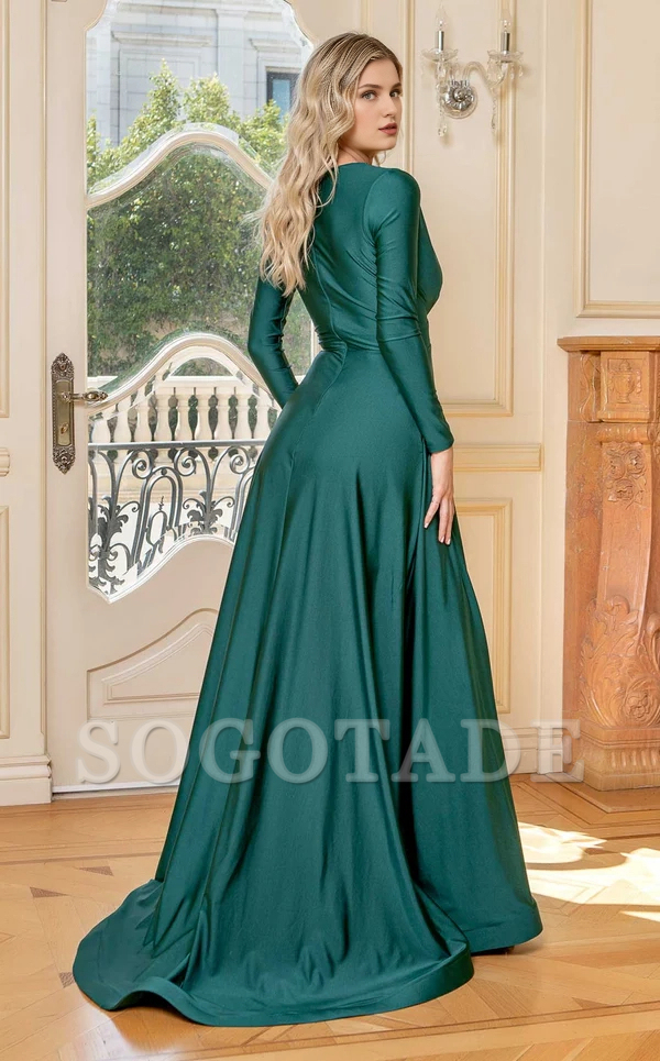 Deep V-neck long sleeved satin side slit backless and floor length Prom dress