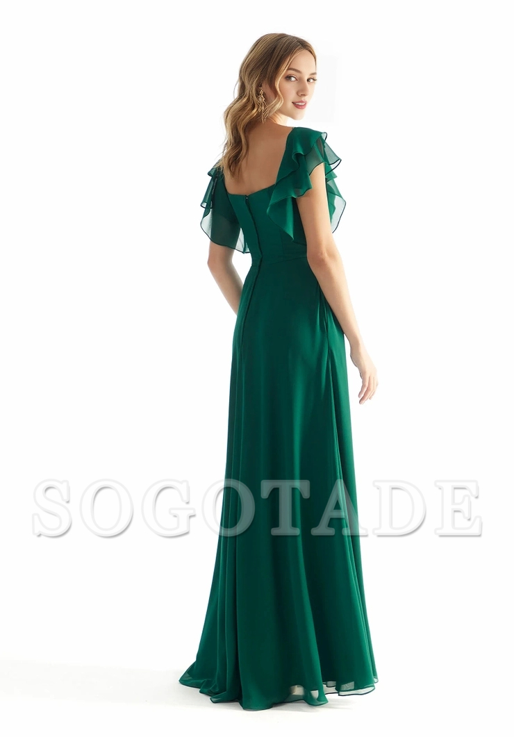 A-line square neck chiffon ruffle sleeve back zipper and floor length dress