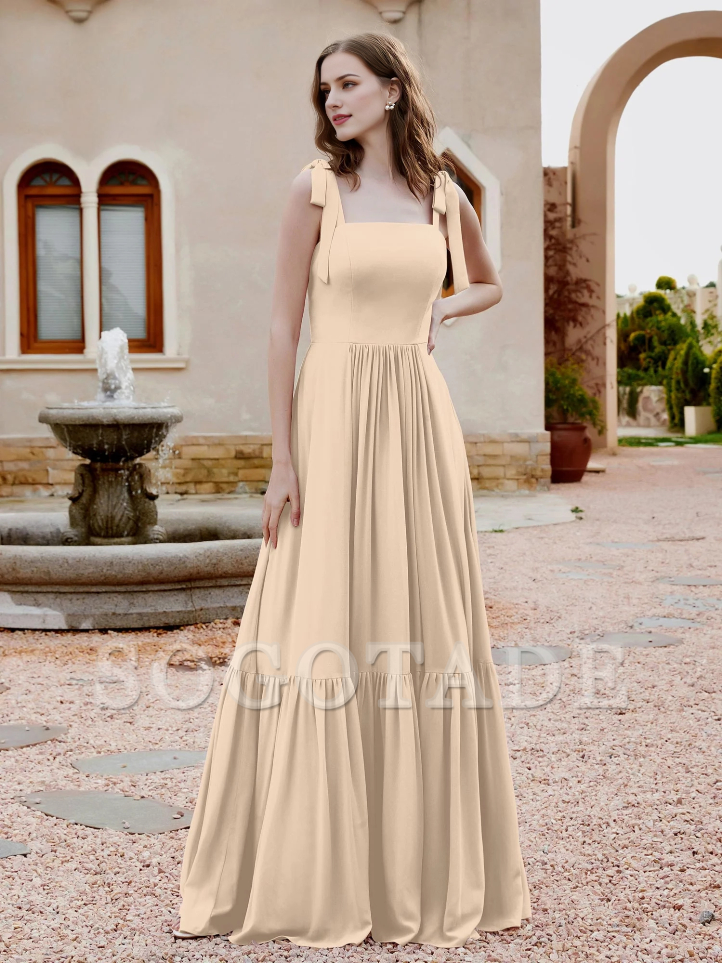 A-line butterfly bow ruffle sleeveless chiffon bridesmaid dress-SOGOTADE