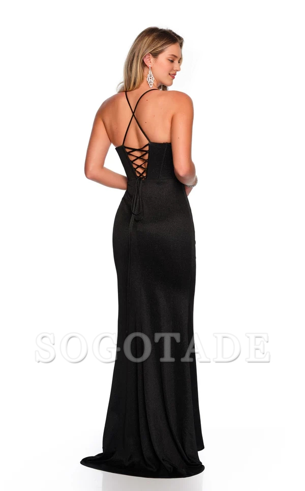 Thin shoulder strap tight corset with slit, exposed back and floor length Prom dress