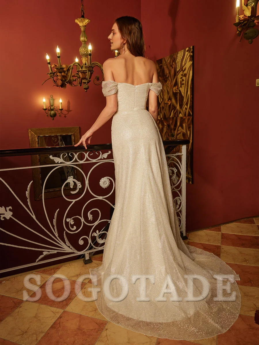 Shiny tight straight tube off shoulder slit long ball gown