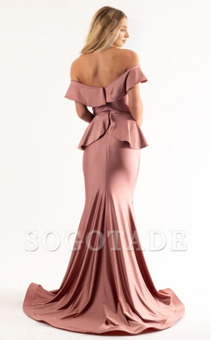 Mermaid off shoulder ruffled edges backless and floor length Prom dress