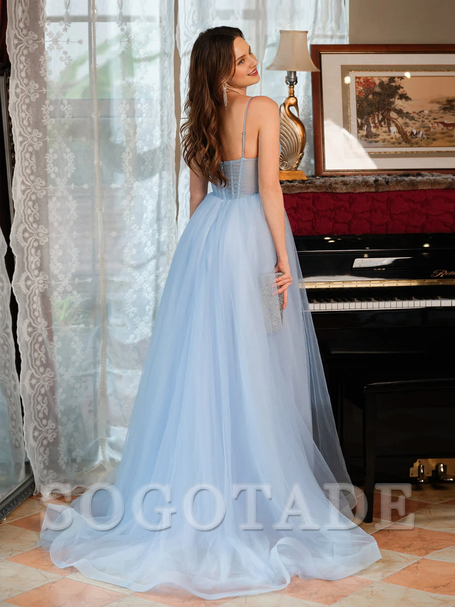 A-line princess thin shoulder strap slit sleeveless long ball gown
