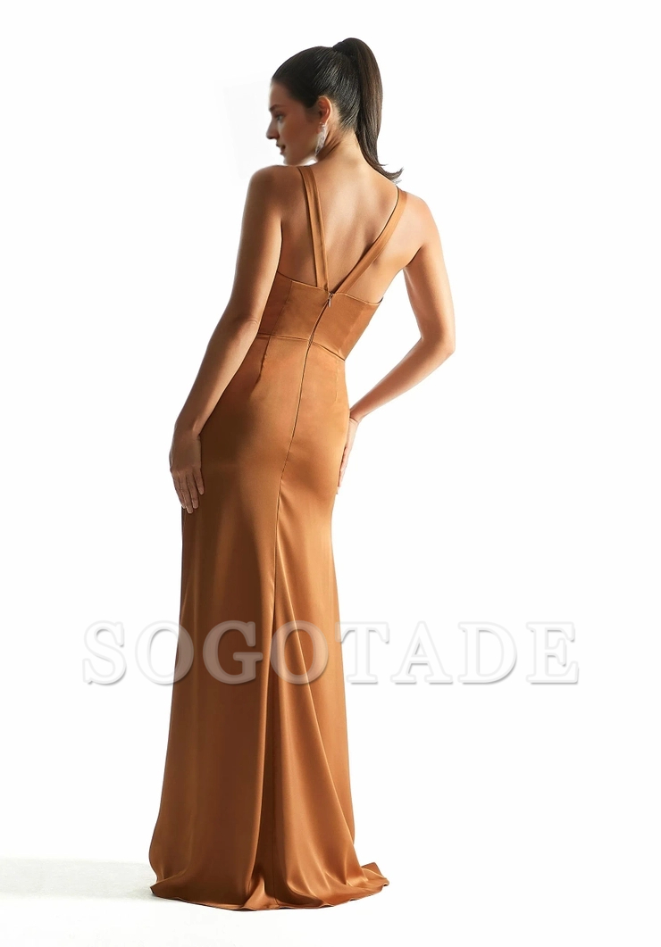 A-line satin V-neck slim fit V-back bridesmaid dress