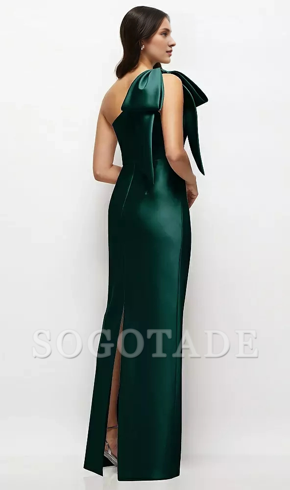 One shoulder bow satin long bridesmaid dress