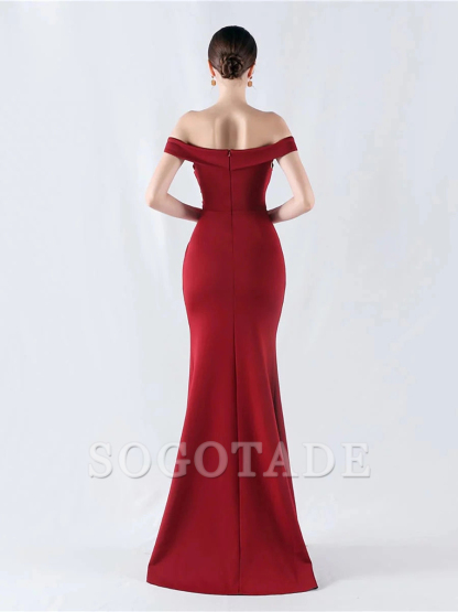 Off shoulder pleated slit and floor length gown evening dresses
