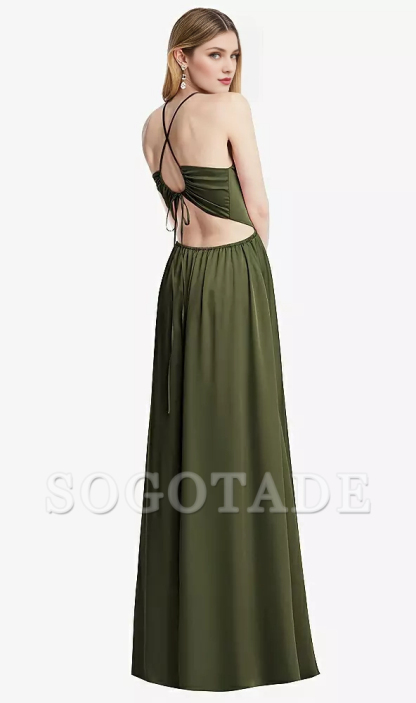 Hanging neck cross strap pleated back strap hollowed out long Prom dress