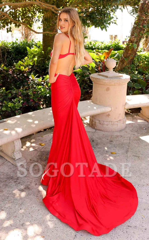 Mermaid V-neck slim shoulder strap satin backless and floor length Prom dress