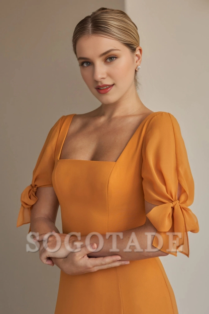 Square neckline chiffon A-line bow front slit bridesmaid dress