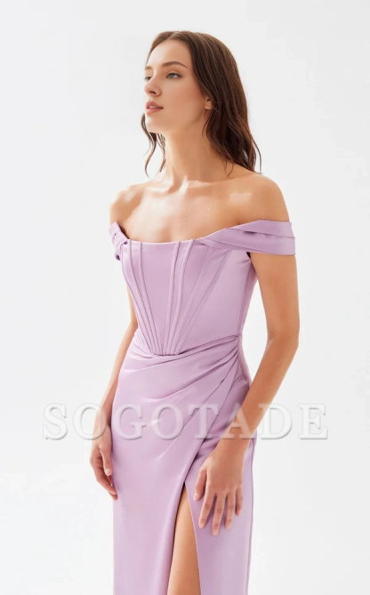 A-line off shoulder tight corset with side slits and floor length evening dress